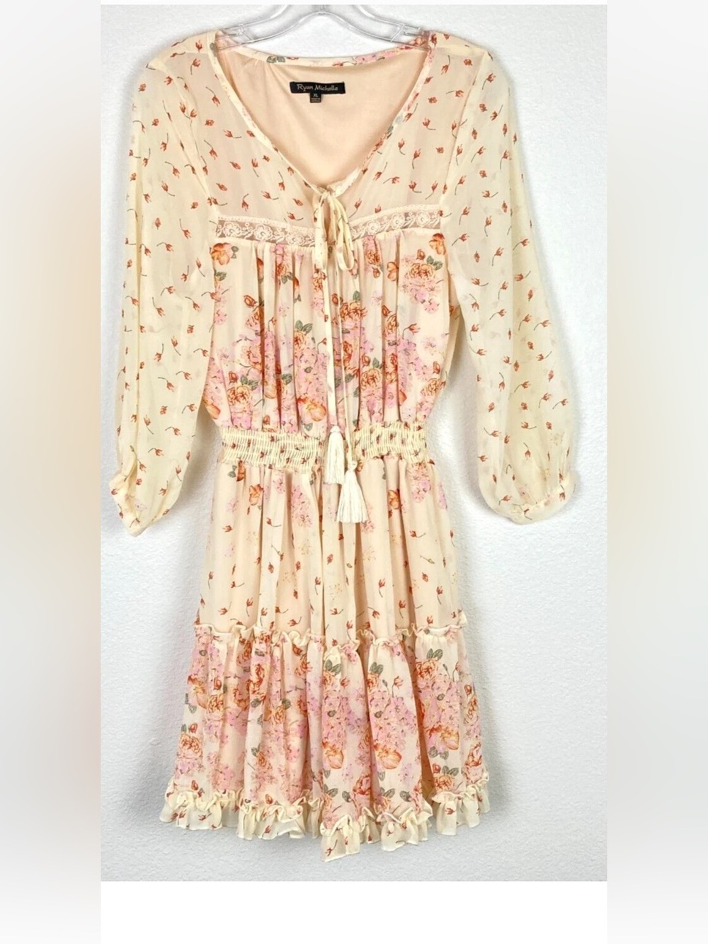 Cream Floral Long Sleeve Maxi Dress with Smocked Waist